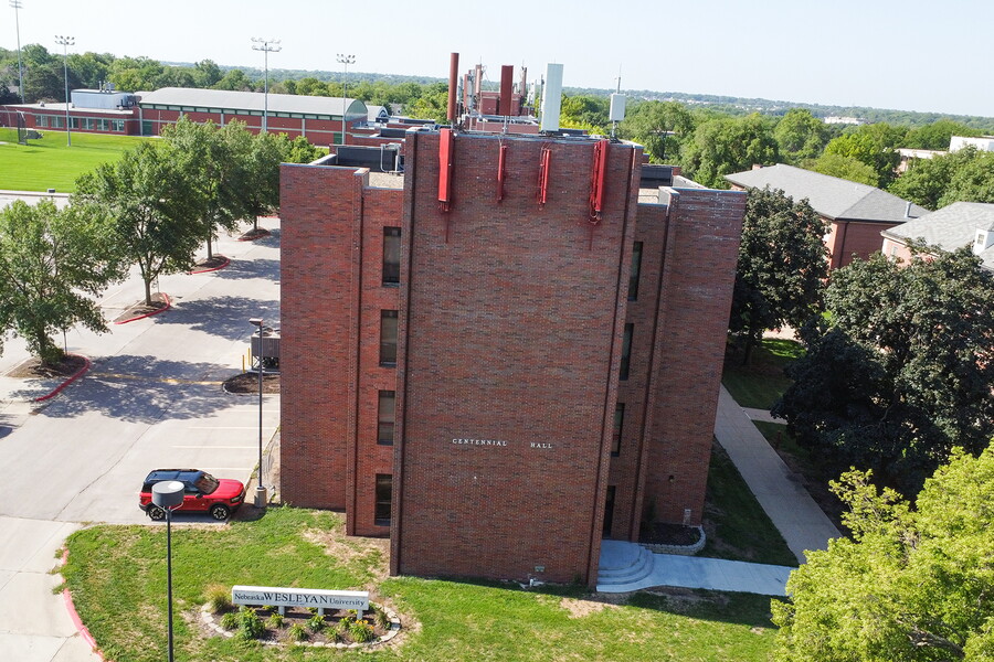 Aerial view of the north side of Centennial Hall. 