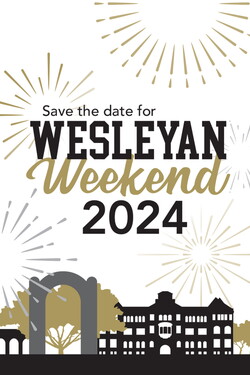 Illustration of Old Main with words saying, "Wesleyan Weekend 2024"