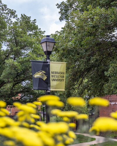 Campus beauty shot with NWU sign on a light pole.