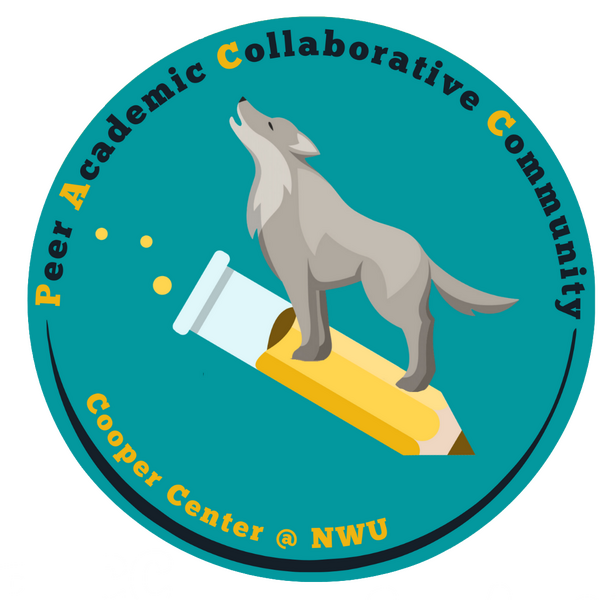 Illustration of a prairie wolf on a pencil with the text Peer Academic Collaborative Community.